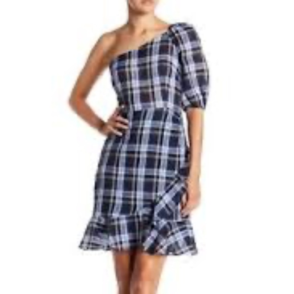 Donna Morgan Plaid Print One Shoulder Linen Blend Construction Dress - Picture 1 of 6